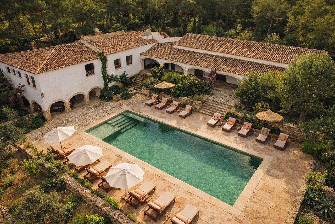 The house and pool seen from above at dusk